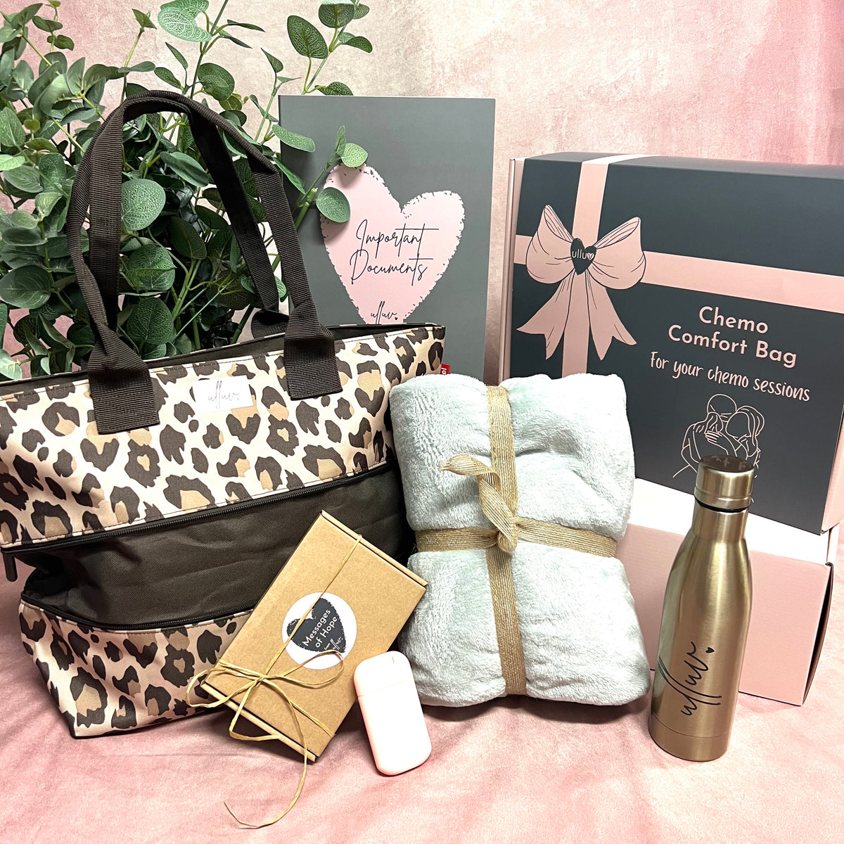 chemo comfort hospital bag for chemotherapy with leopard print tote &amp; silver blanket