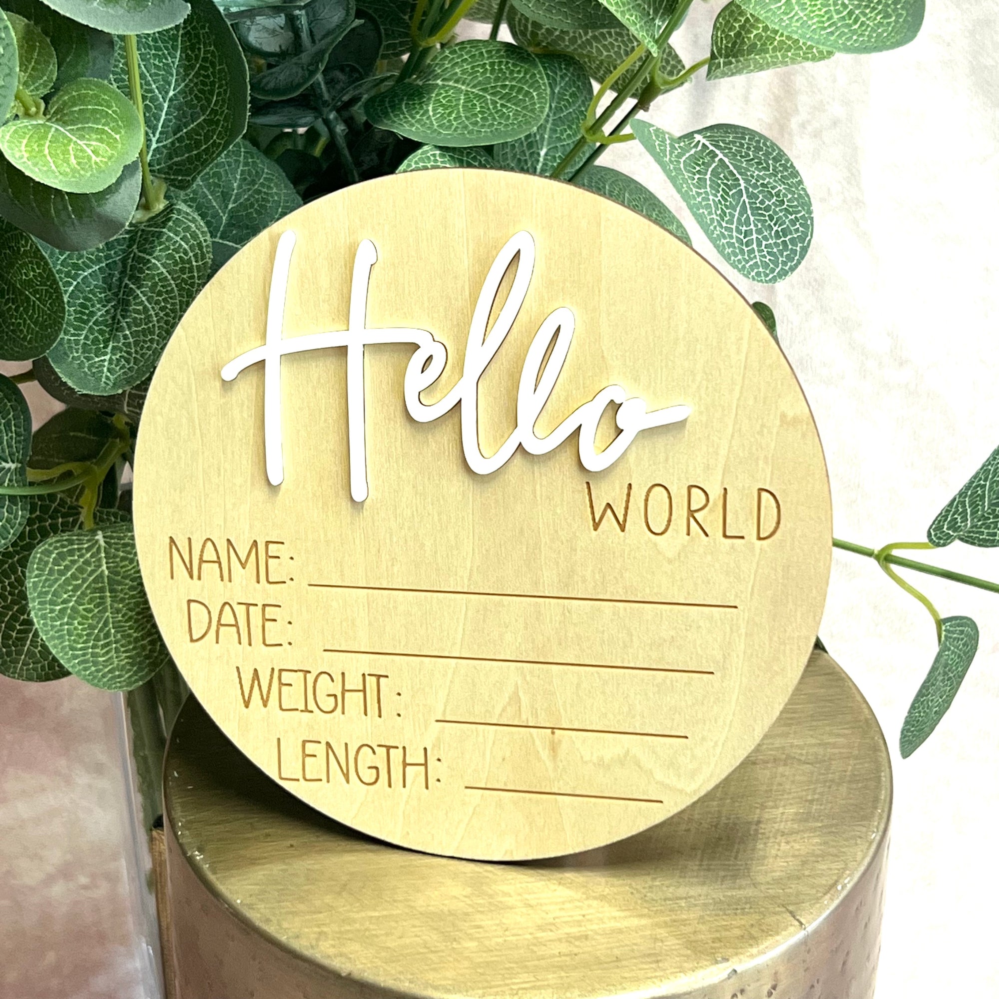 "Hello World" Birth Announcement Disc (wooden) ☘️