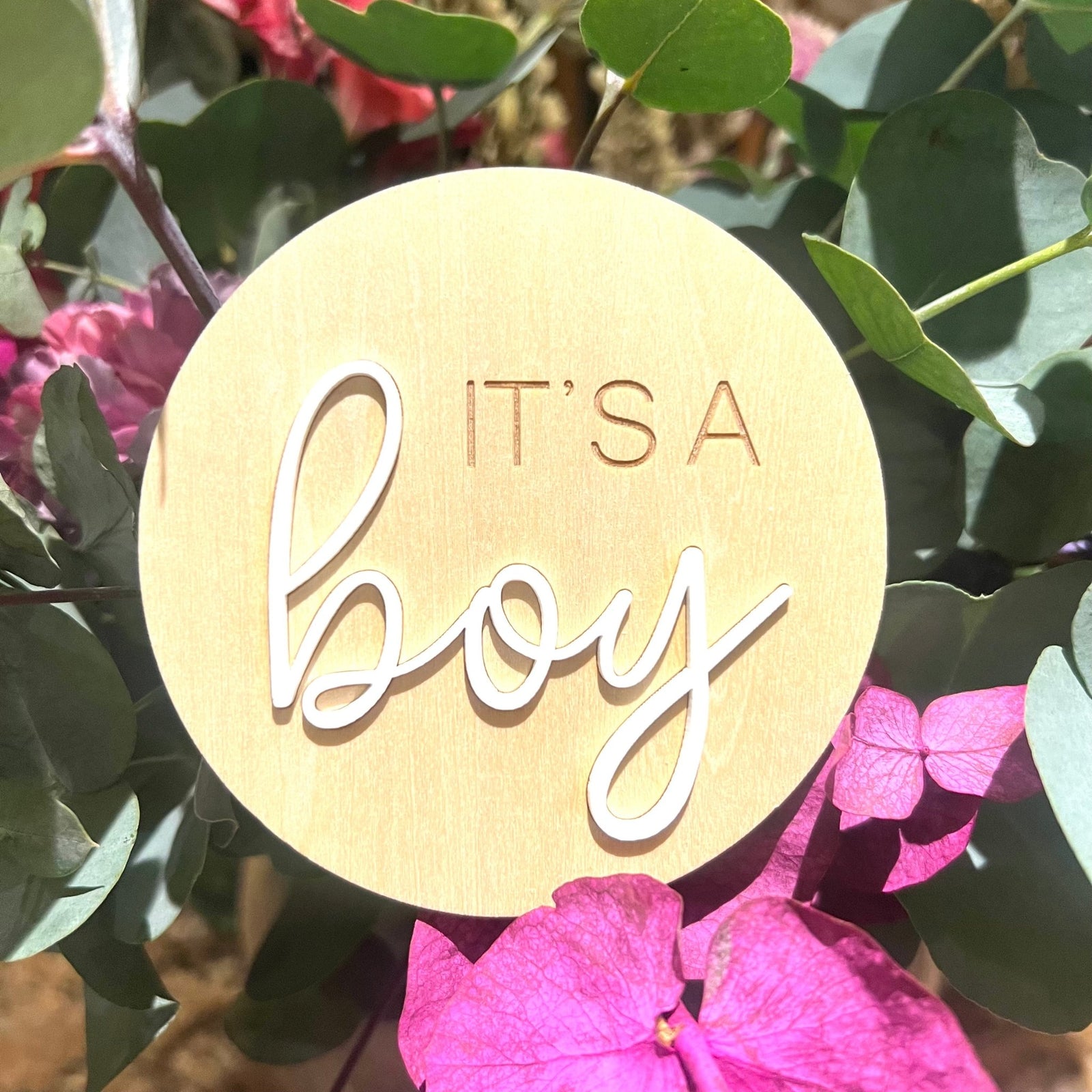 its a boy wooden embossed birth announcement disc