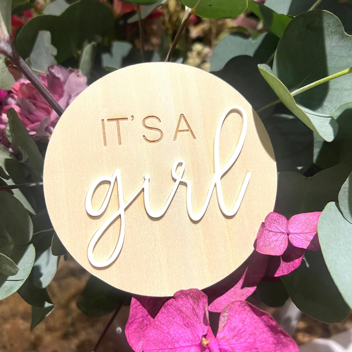 its a girl wooden embossed birth announcement disc
